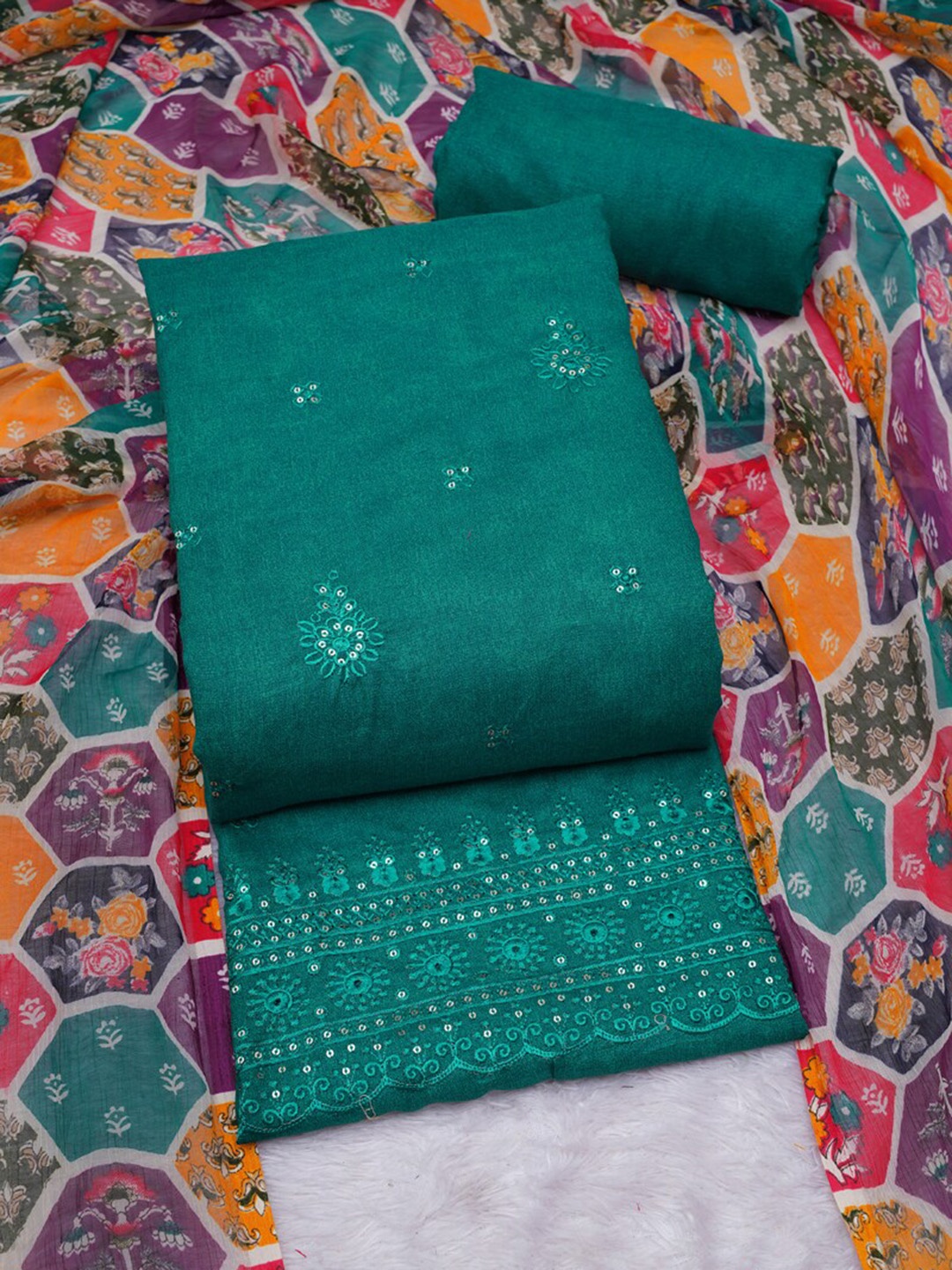 

ASISA Embroidered Pure Cotton Unstitched Dress Material, Turquoise blue