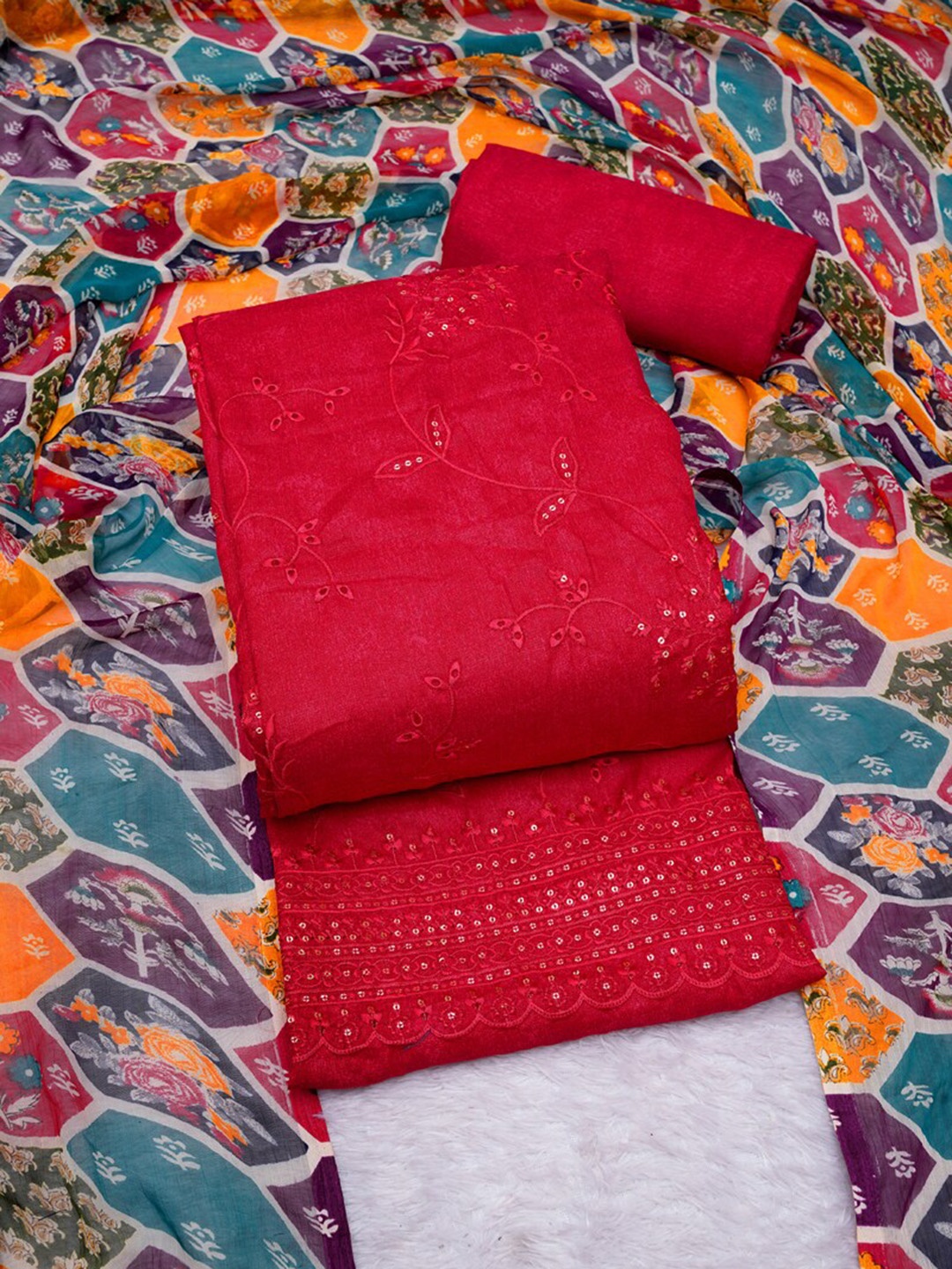 

ASISA Embroidered Pure Cotton Unstitched Dress Material, Red