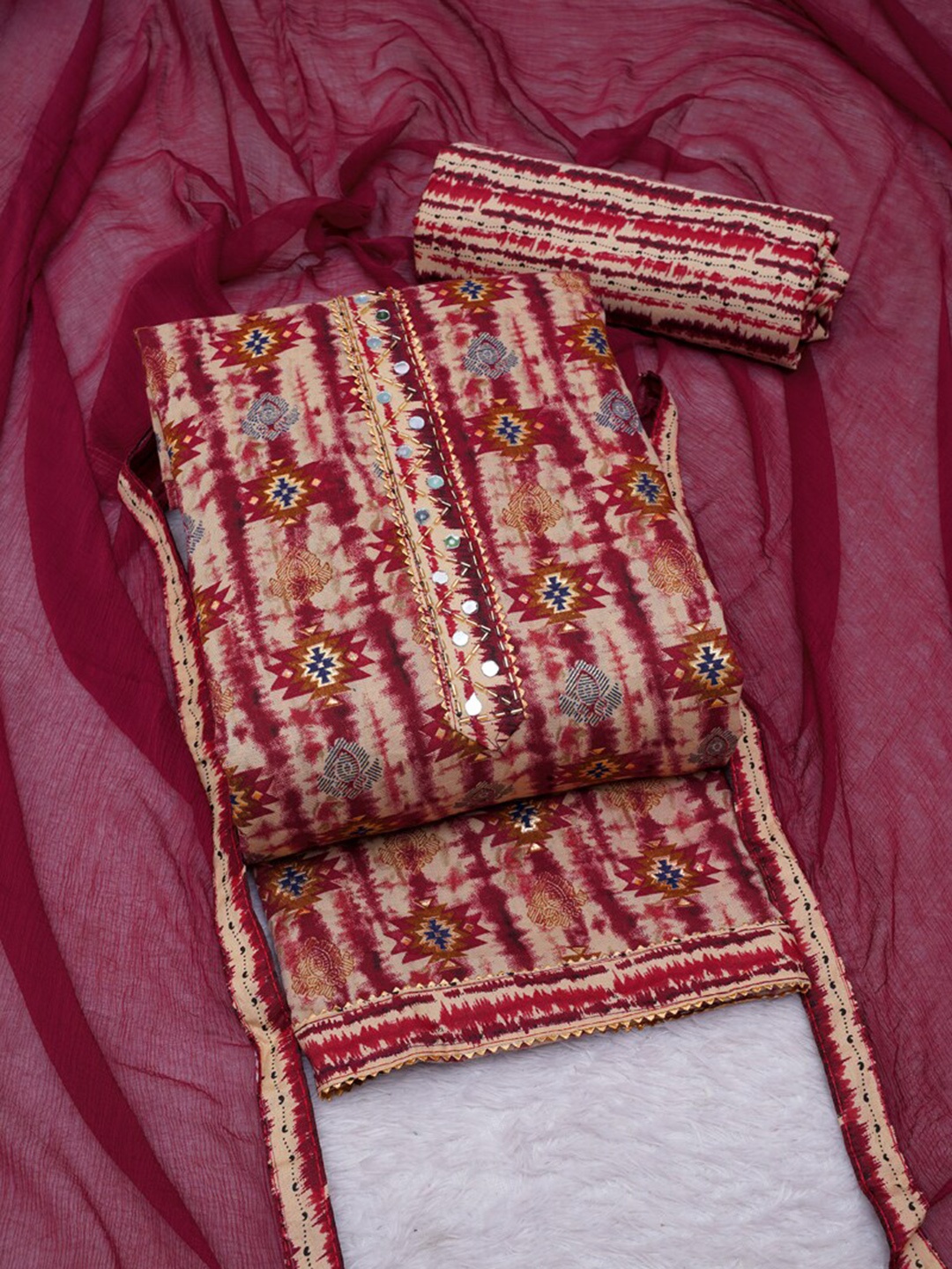 

ASISA Dyed Mirror Work Pure Cotton Unstitched Dress Material, Maroon