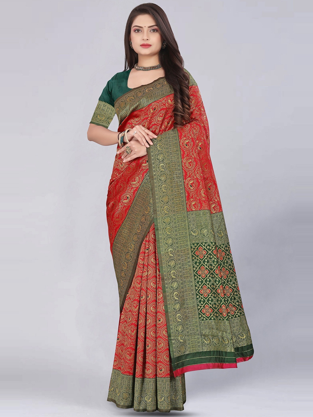 

MUKHITA Woven Design Silk Blend Designer Kanjeevaram Saree, Red