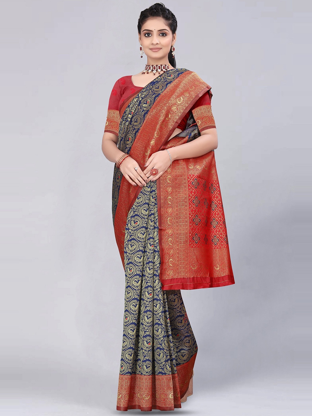 

MUKHITA Woven Design Silk Blend Designer Kanjeevaram Saree, Navy blue