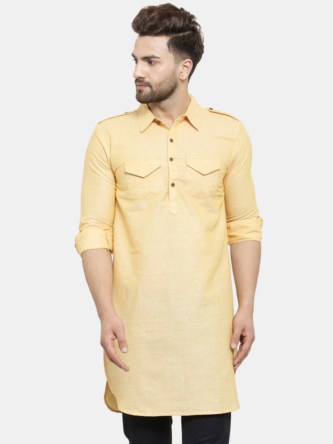 

Enchanted Drapes Shirt Collar Cotton Pathani Kurta, Yellow