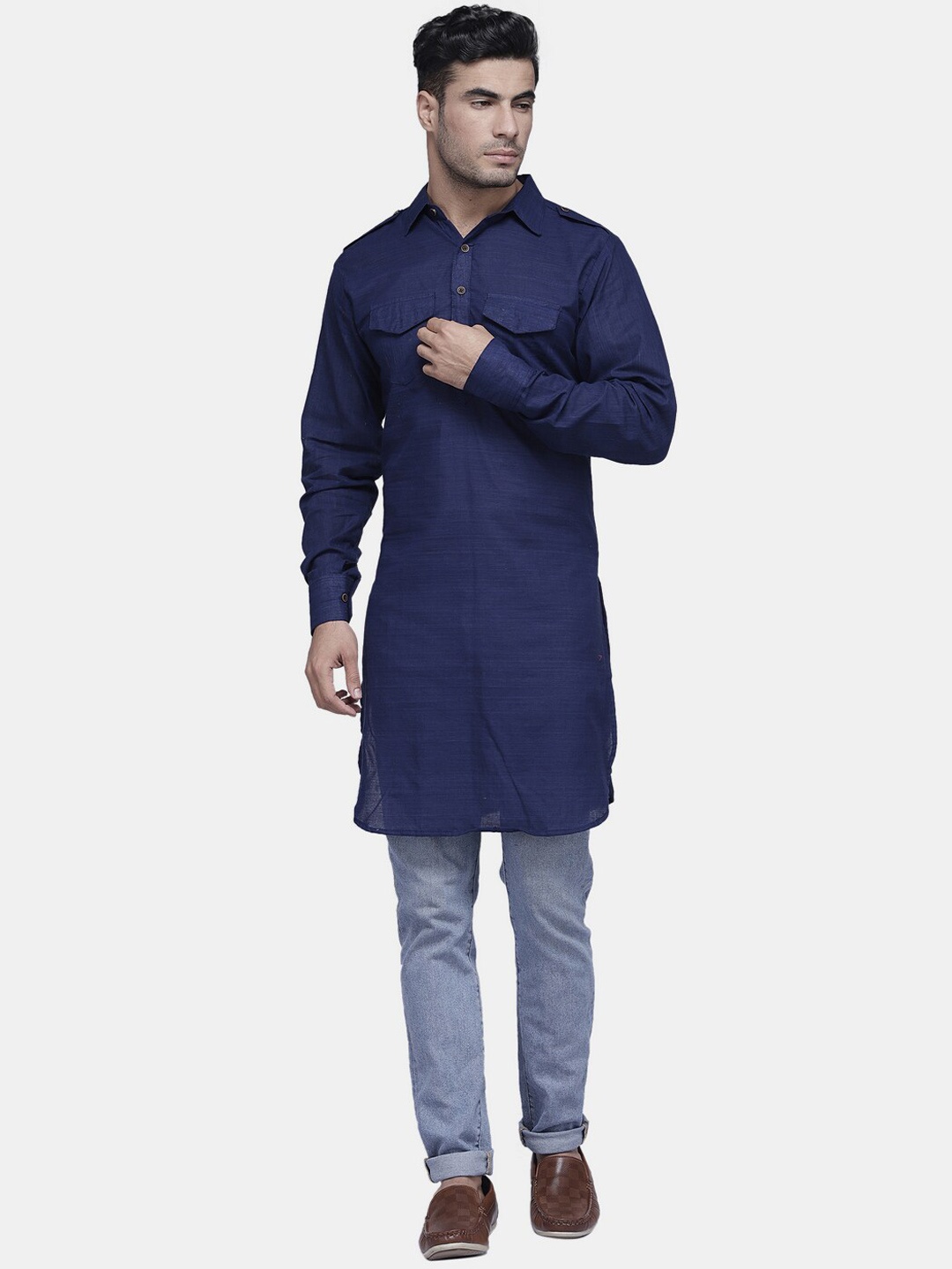 

Enchanted Drapes Shirt Collar Cotton Pathani Kurta, Blue