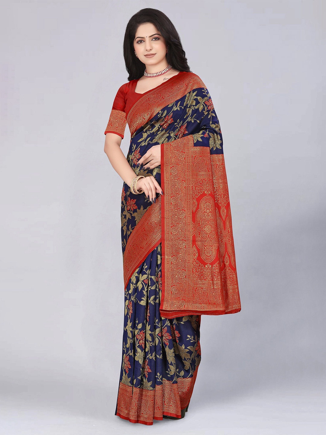 

MUKHITA Woven Design Silk Blend Designer Kanjeevaram Saree, Navy blue