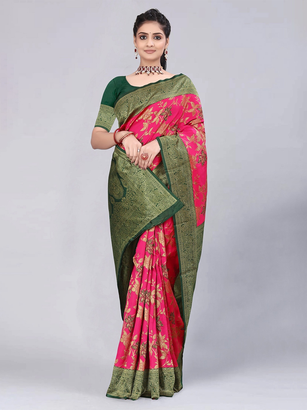 

MUKHITA Woven Design Silk Blend Designer Kanjeevaram Saree, Pink