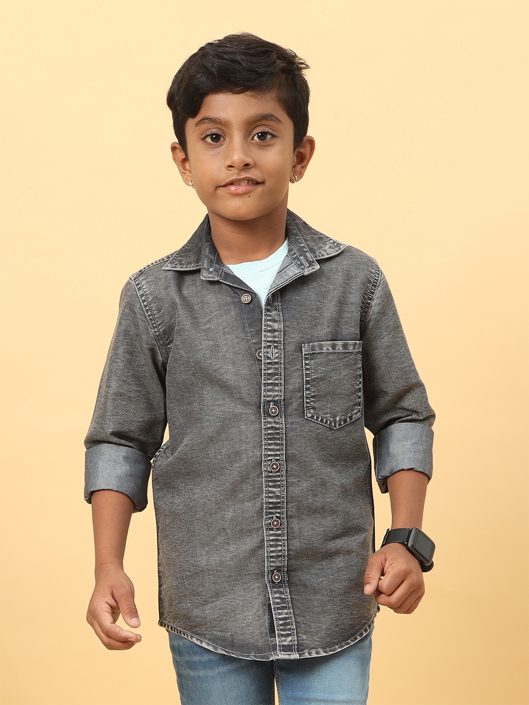 

CAZZBA Boys Spread Collar Washed Casual Denim Shirt, Grey