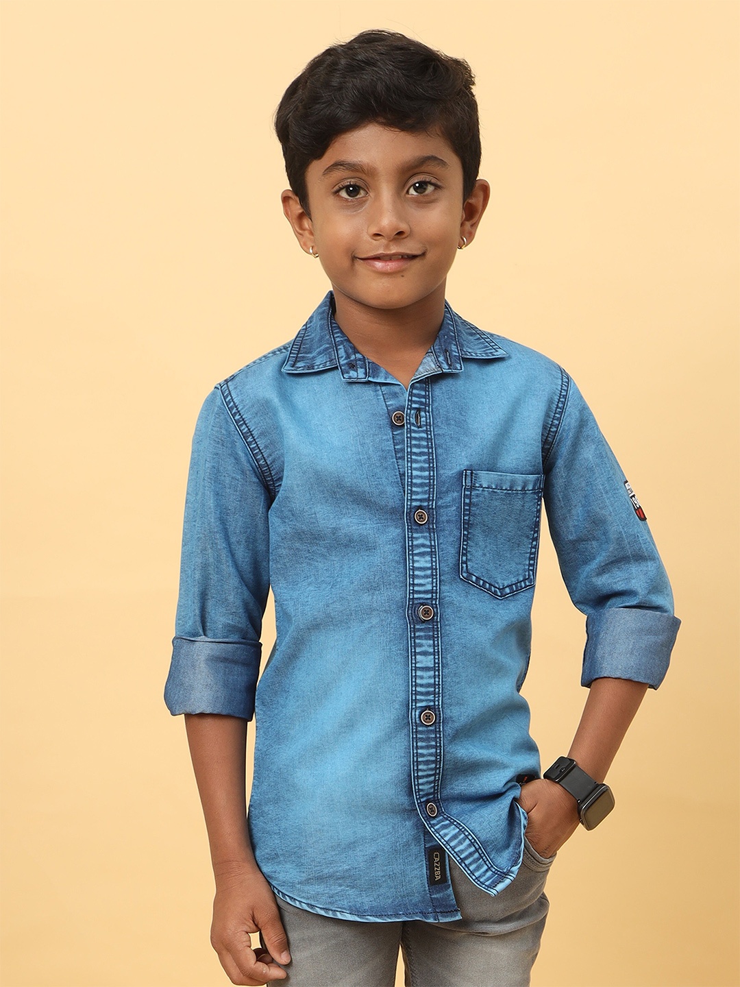 

CAZZBA Boys Spread Collar Washed Casual Denim Shirt, Blue