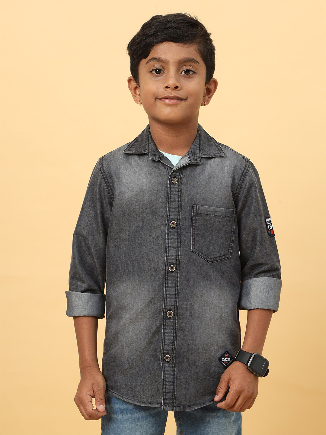 

CAZZBA Boys Spread Collar Washed Casual Denim Shirt, Black