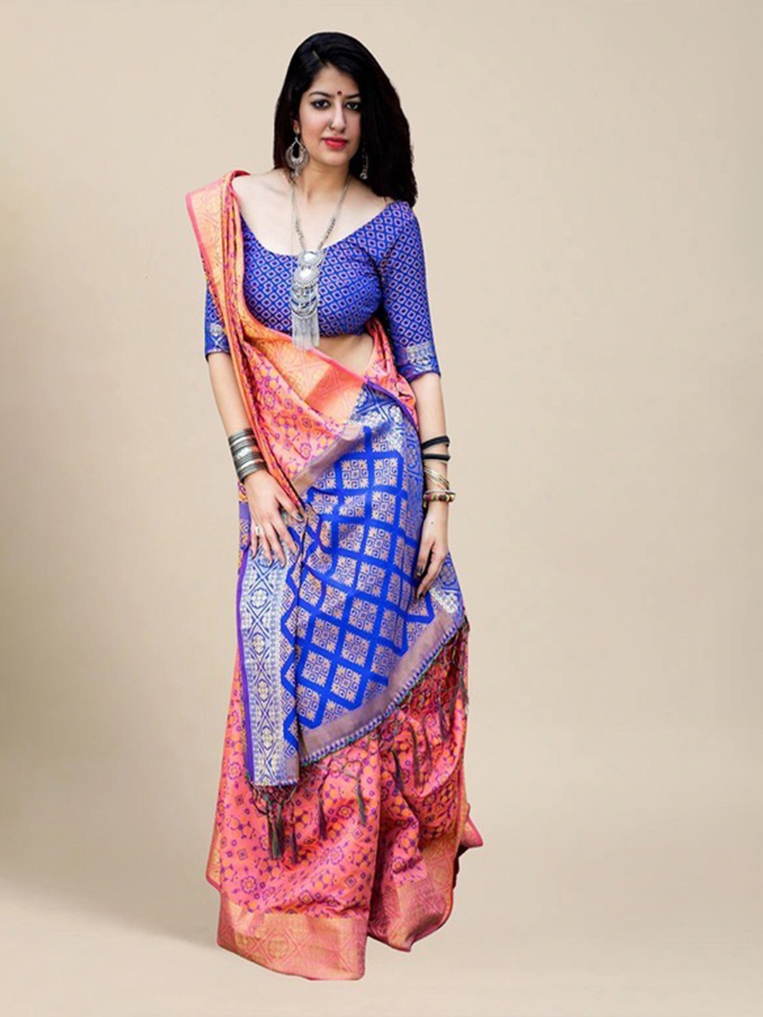 

Ekta Textiles Ethnic Motifs Woven Design Zari Pure Silk Patola Saree, Blue