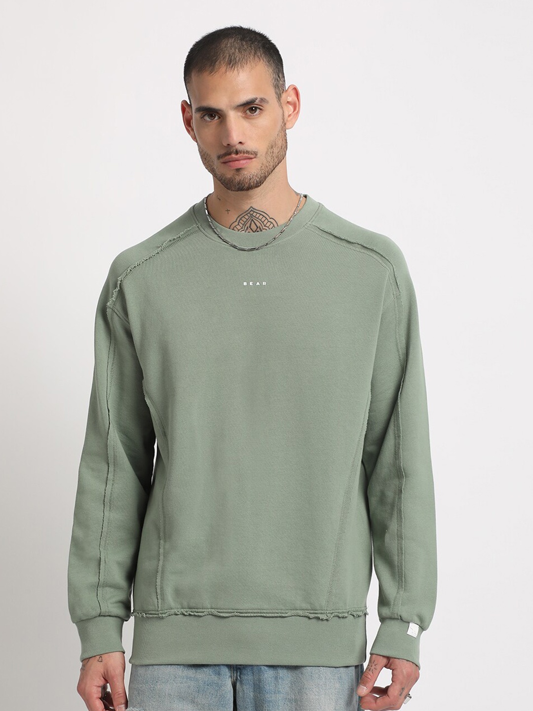 

THE BEAR HOUSE Round Neck Terry Cotton Pullover Sweatshirt, Green