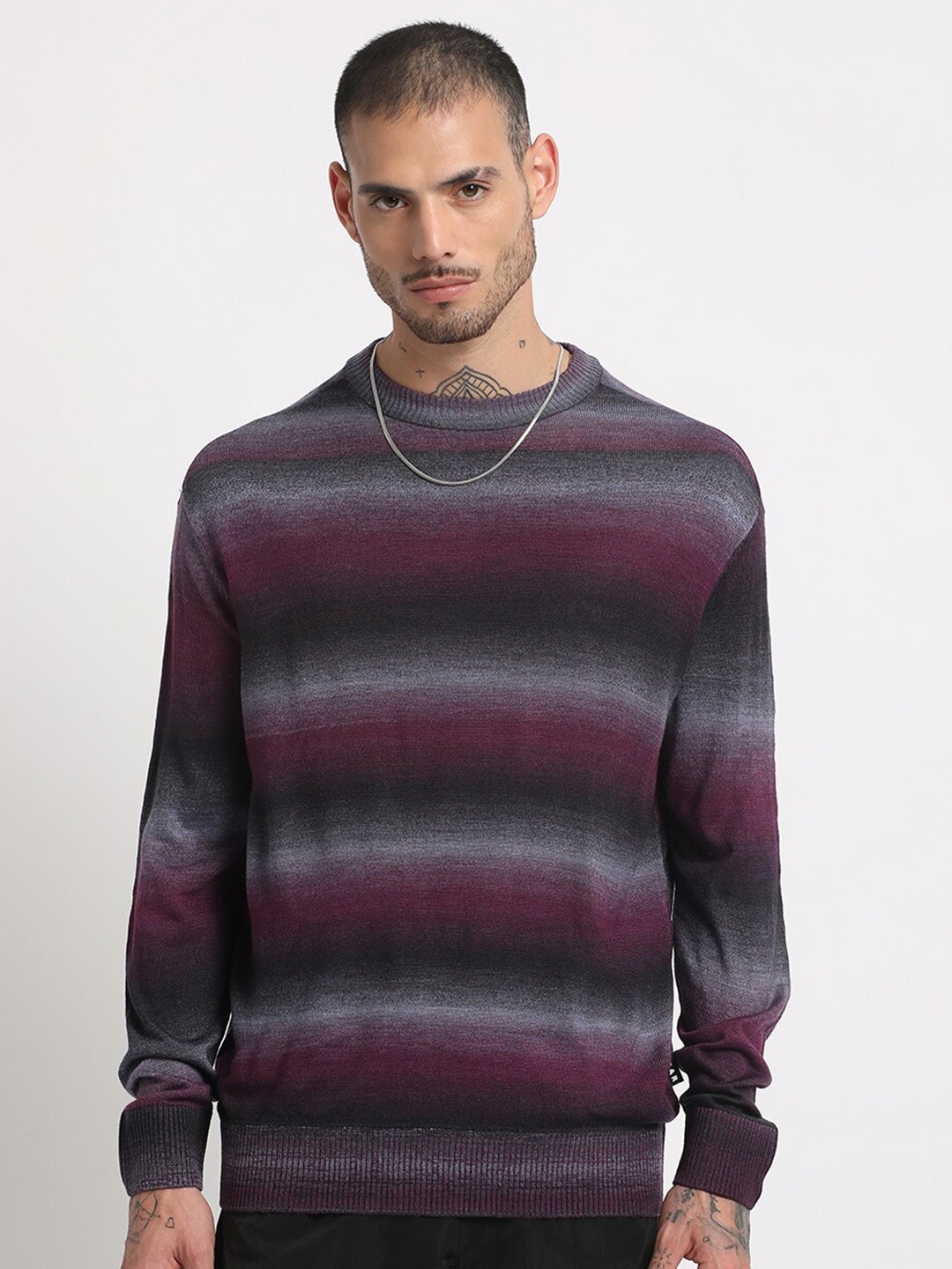 

THE BEAR HOUSE Striped Drop-Shoulder Sleeves Acrylic Pullover Sweatshirt, Purple