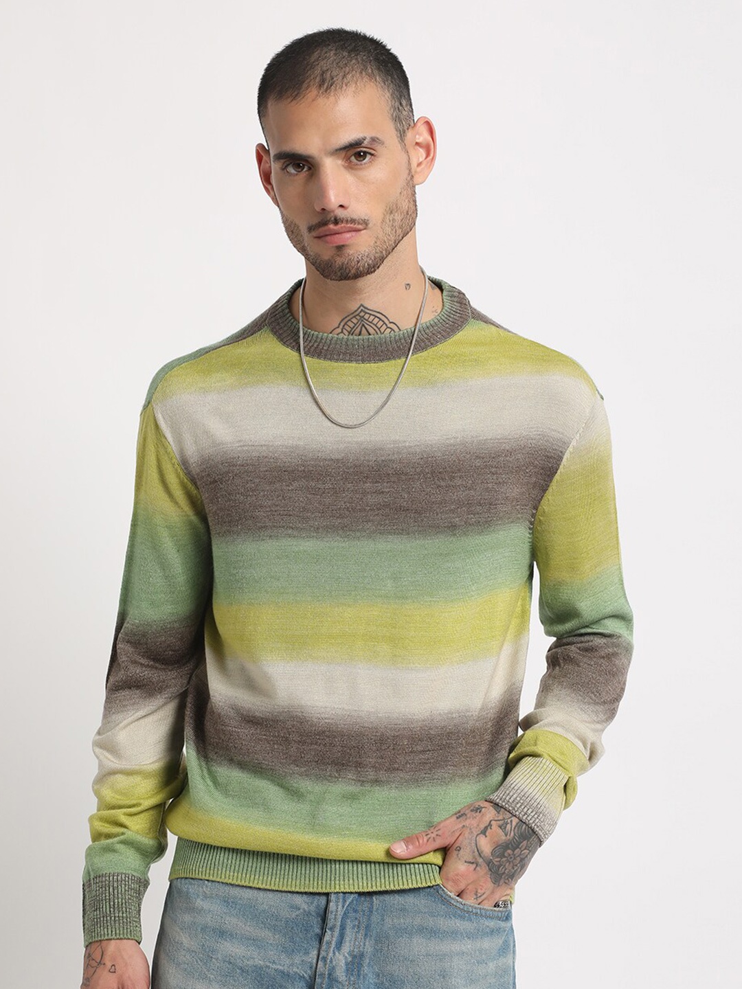 

THE BEAR HOUSE Striped Drop-Shoulder Sleeves Acrylic Pullover Sweatshirt, Lime green