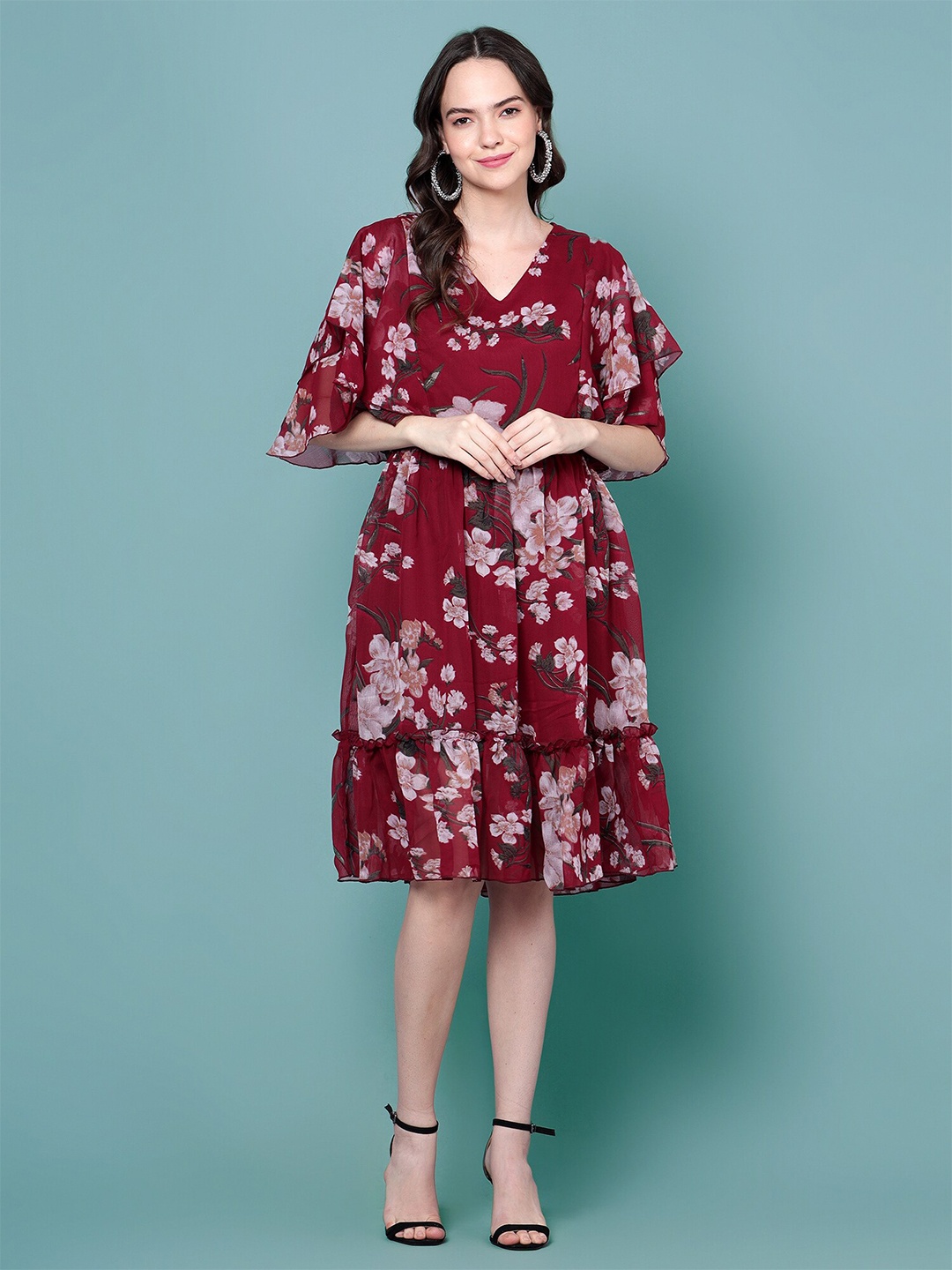 

DIAZ Floral Printed Flared Sleeves Gathered Cotton Fit & Flare Dress, Maroon