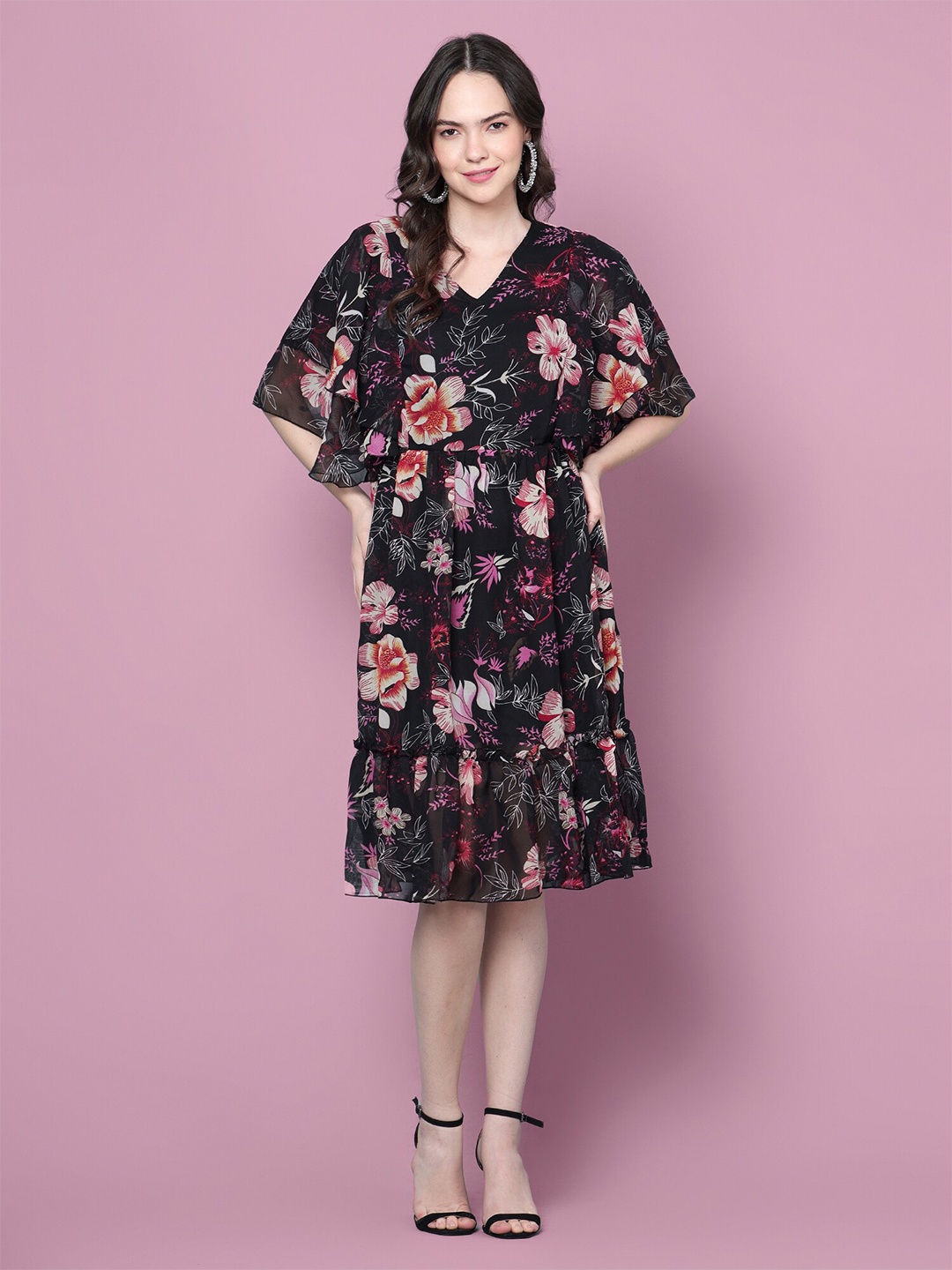 

DIAZ Floral Printed Flared Sleeves Gathered Cotton Fit & Flare Dress, Black