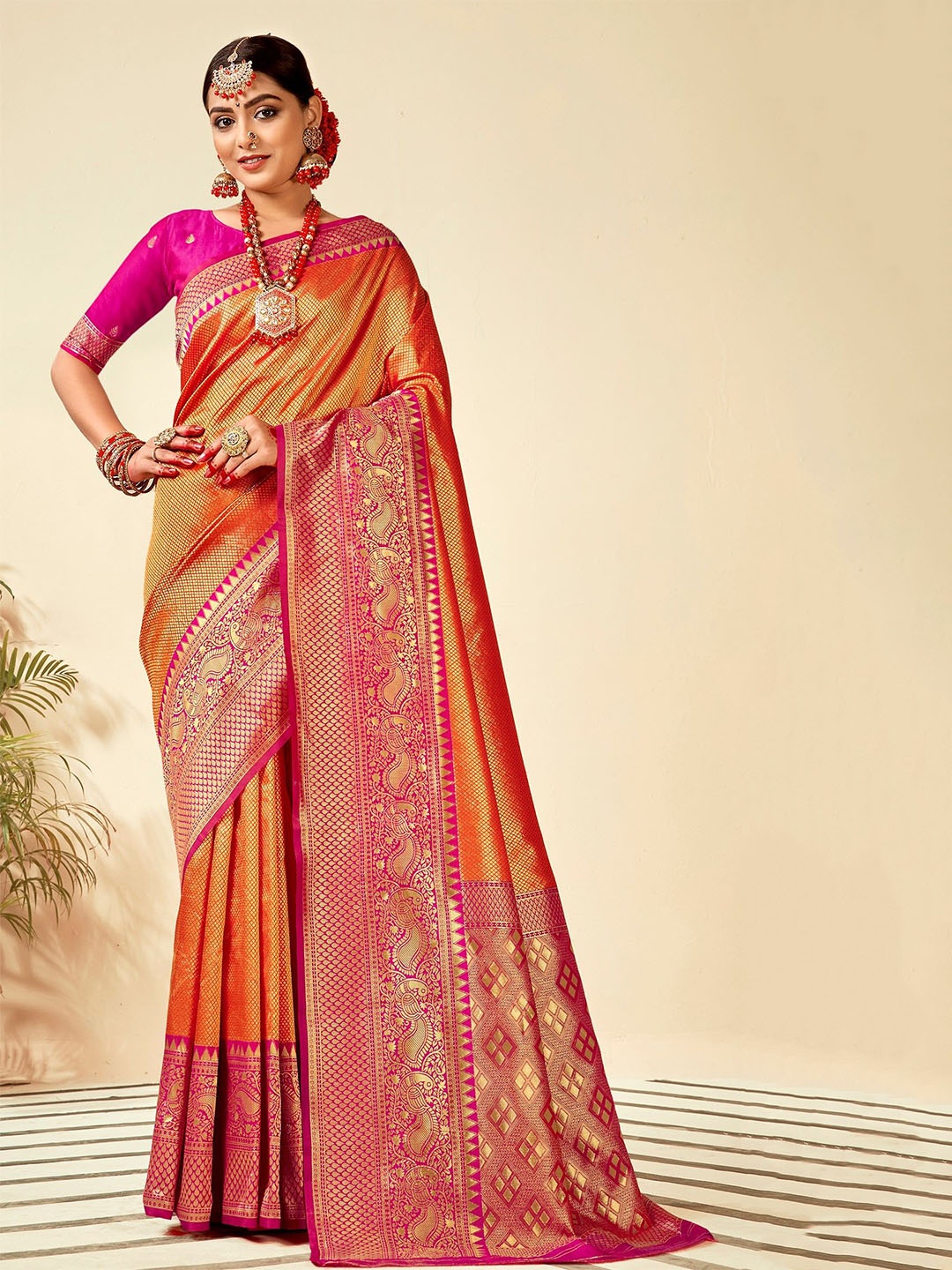 

PBS PRINTS Ethnic Motifs Art Silk Banarasi Saree, Orange