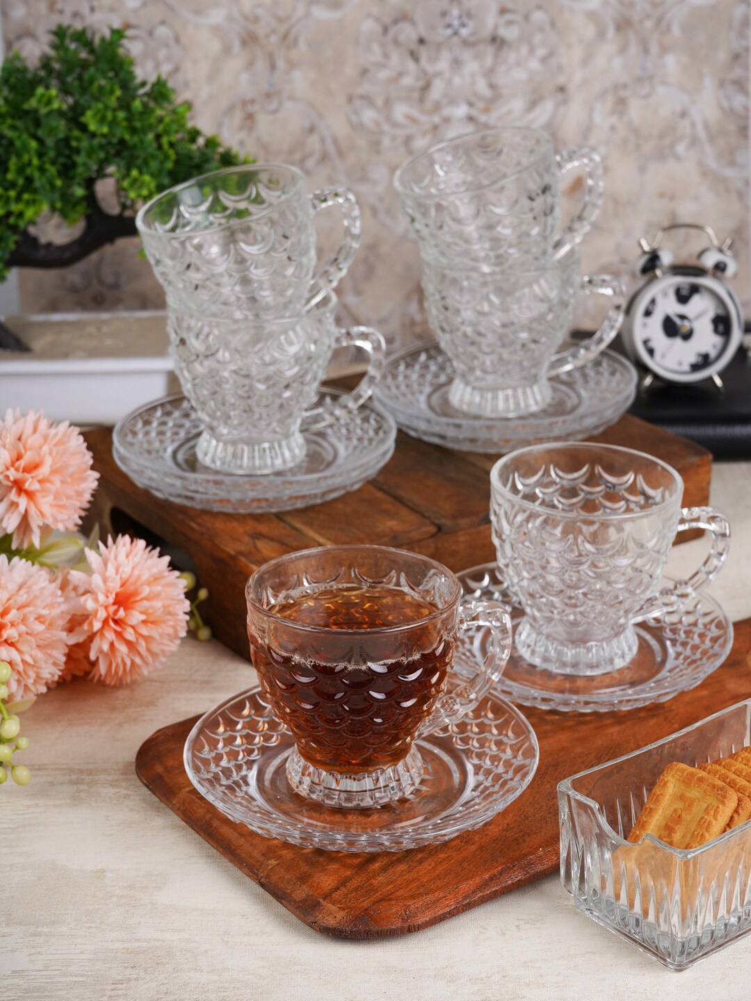 

ceradeco Transparent 12 Pieces Textured Glass Transparent Cups and Saucers