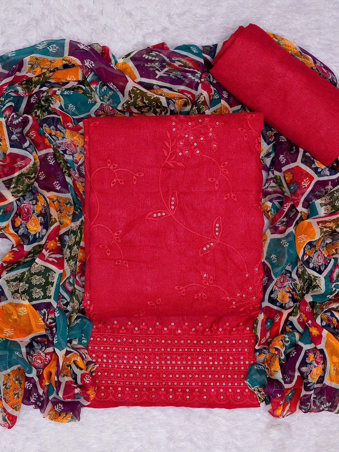 

KALINI Floral Embroidered Unstitched Dress Material, Red