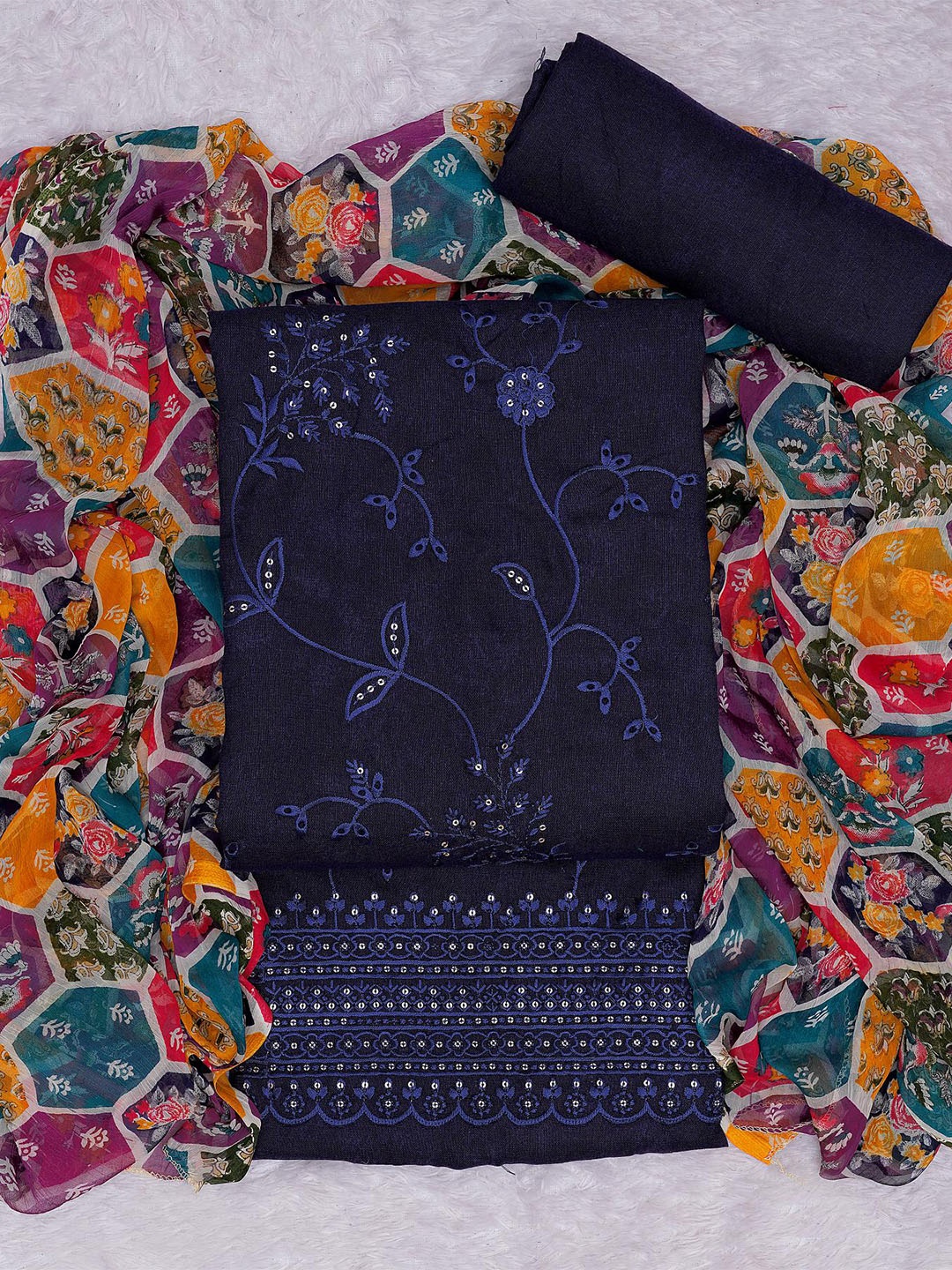 

KALINI Floral Embroidered Unstitched Dress Material, Navy blue