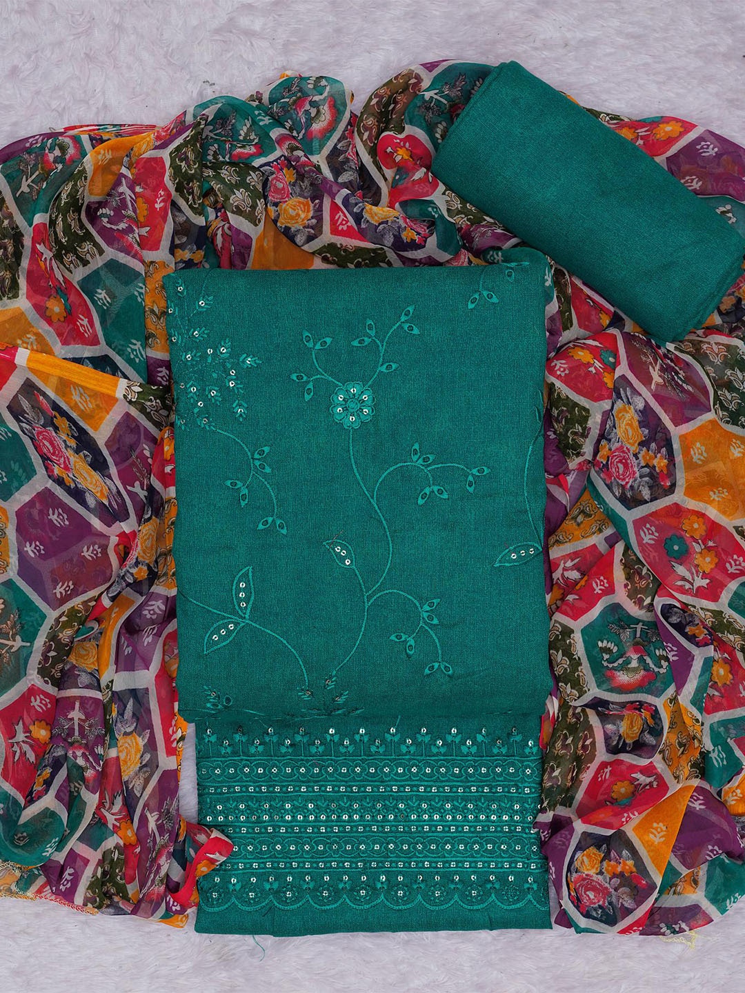 

KALINI Floral Embroidered Unstitched Dress Material, Teal