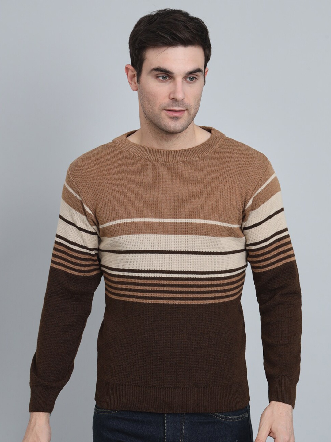 

GAINELL Striped Round Neck Woolen Pullover Sweater, Coffee brown
