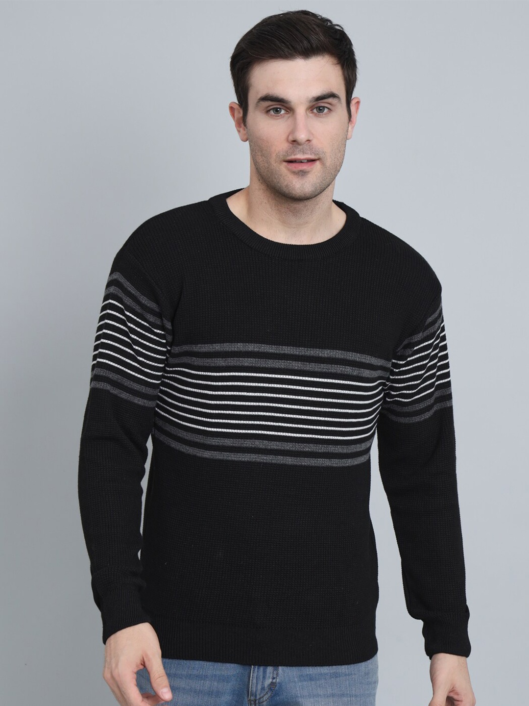 

GAINELL Striped Round Neck Woolen Pullover Sweater, Black