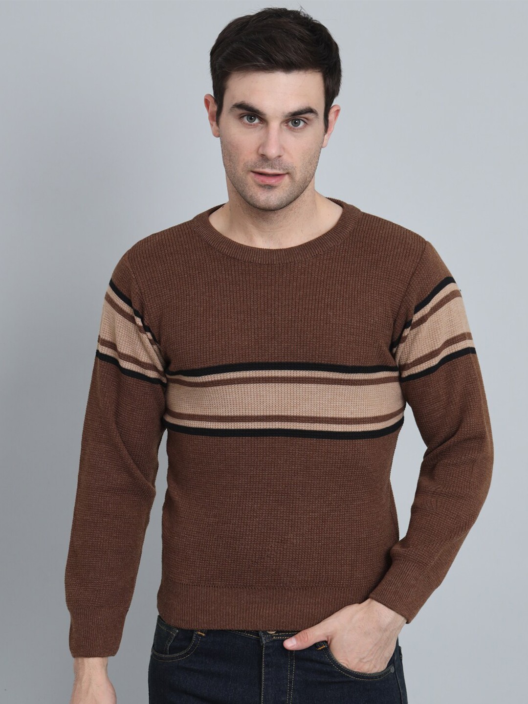 

GAINELL Striped Round Neck Woolen Pullover Sweater, Brown