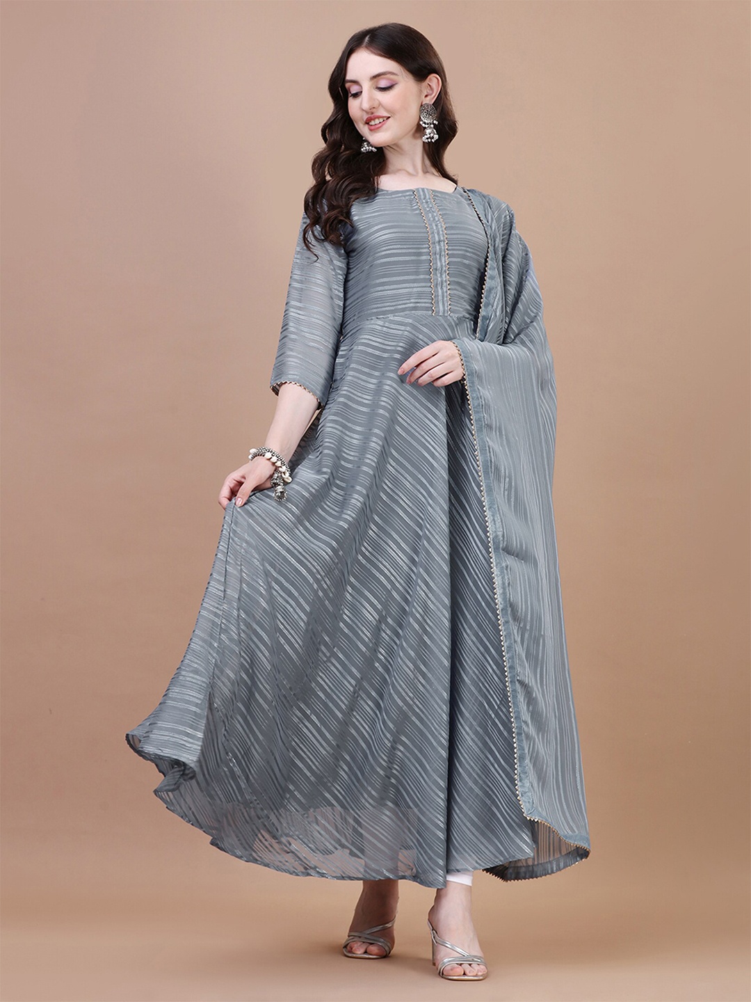 

N N ENTERPRISE Striped Pure Georgette Anarkali Kurta With Gotta Patti Dupatta, Grey