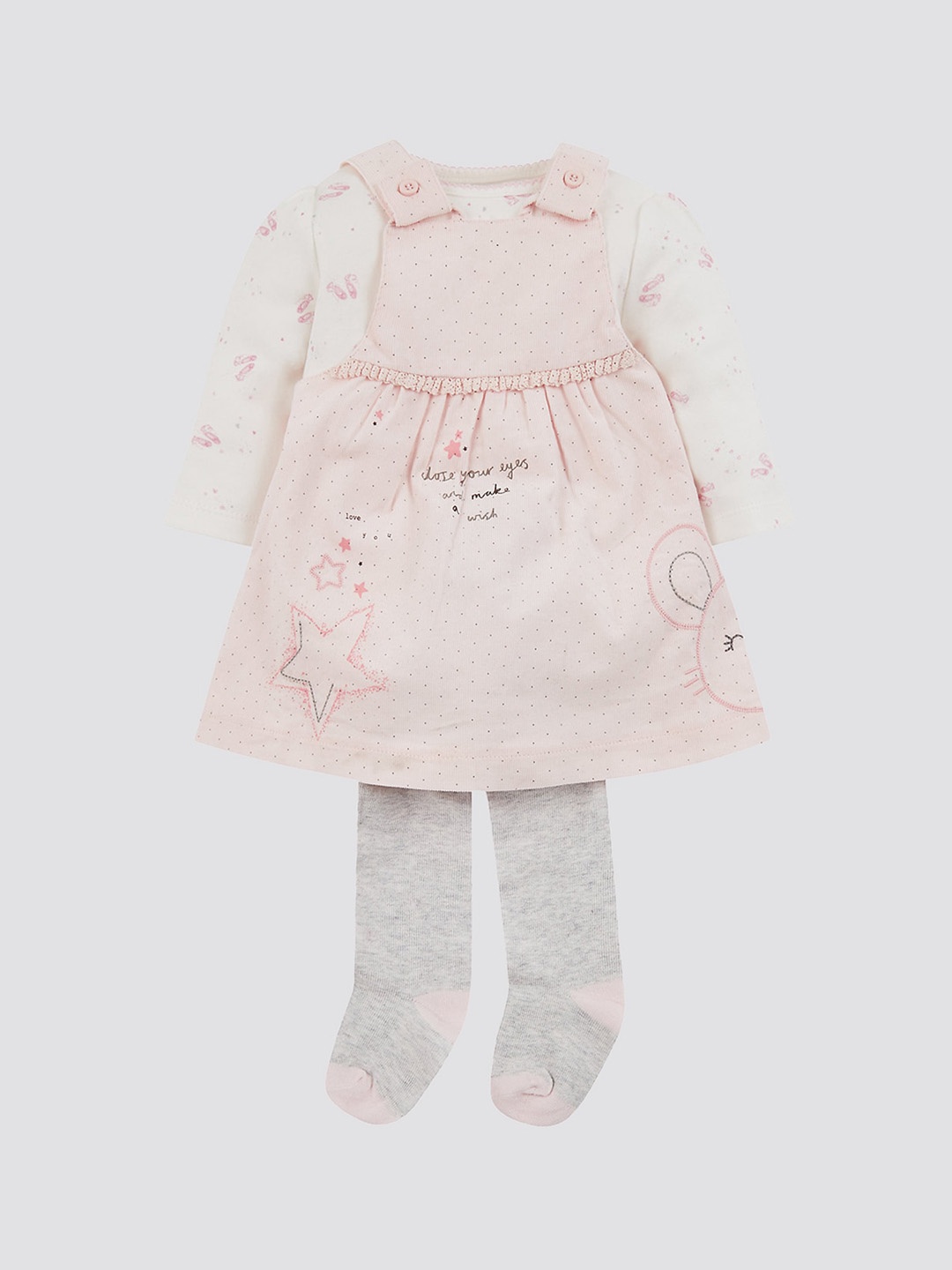 

mothercare Infant Girls Print Pure Cotton Pinafore Dress with Bodysuit & Tights, Pink