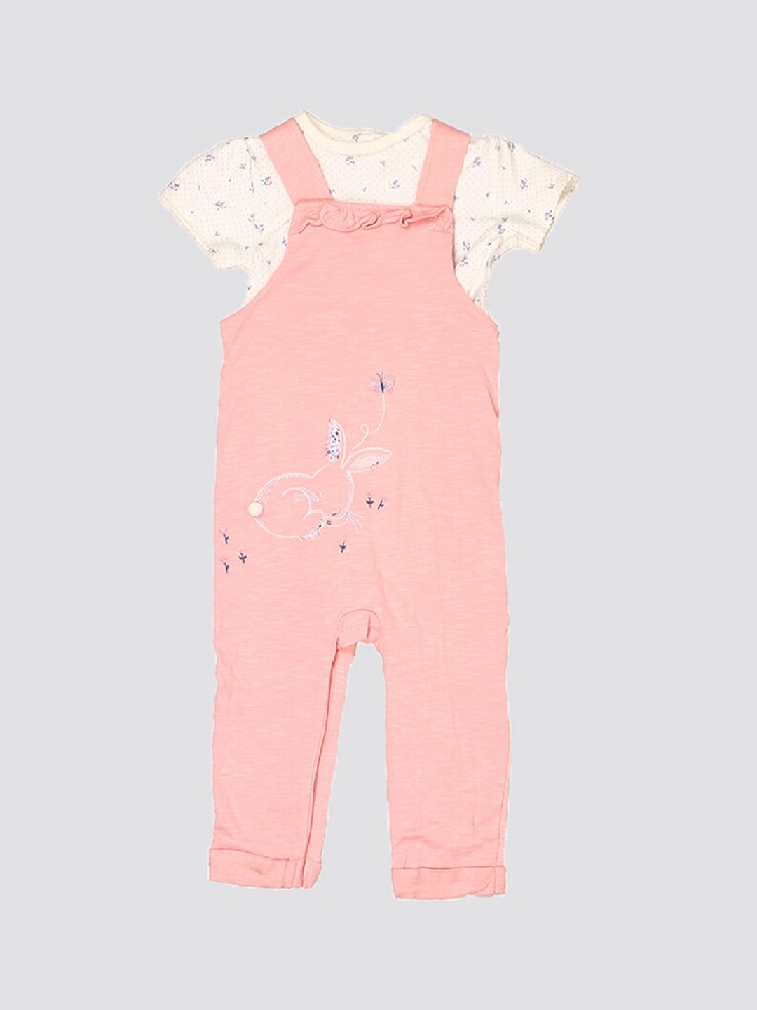 

mothercare Infant Girls Printed Pure Cotton Dungaree With T-Shirt, Pink