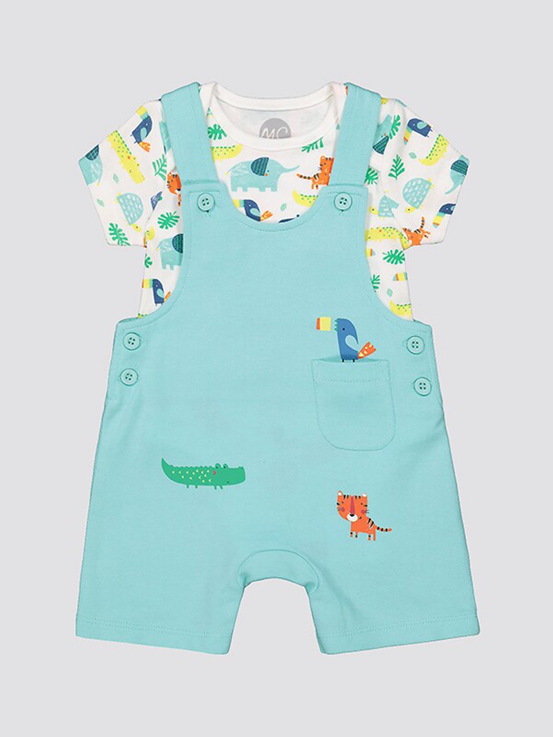 

mothercare Girls Printed Pure Cotton Dungaree Set, Turquoise blue