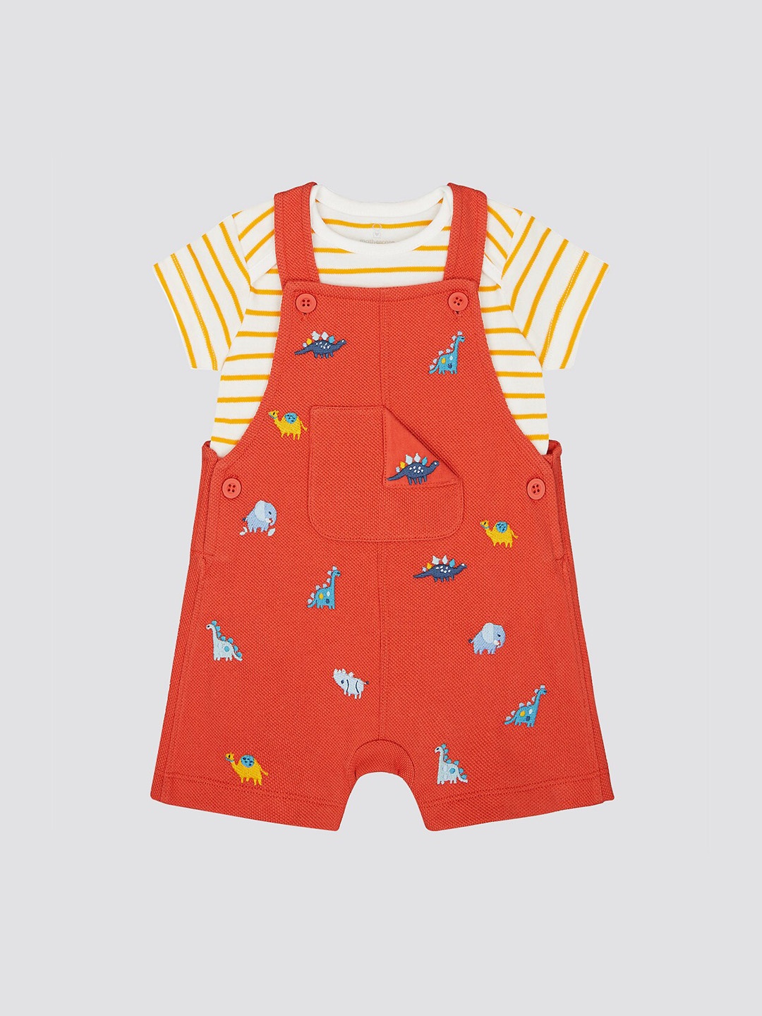 

mothercare Infant Girls Conversational Printed Pure Cotton Dungaree With T-Shirt, Red