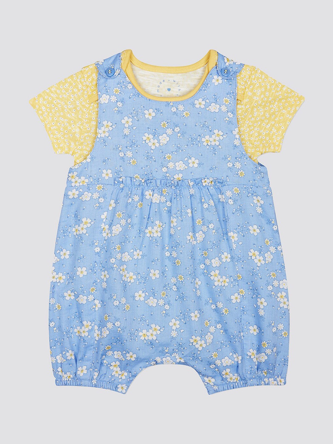 

mothercare Infant Girls Floral Printed Pure Cotton Dungaree With Shirt, Blue