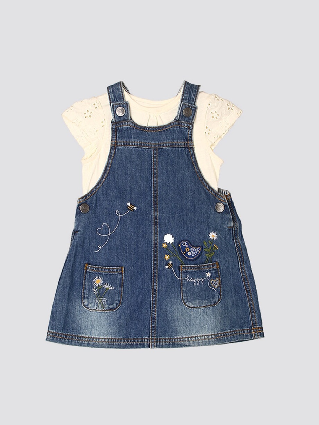 

mothercare Infant Girls Embroidered Pure Cotton Dungaree With Top, Blue