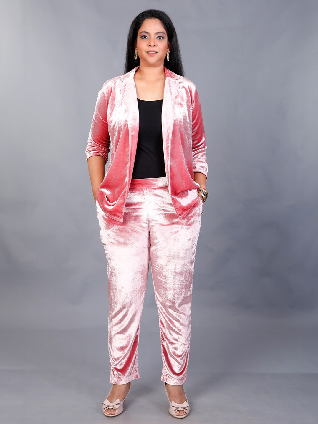 

FABNEST Lapel Collar Top with Trousers, Pink