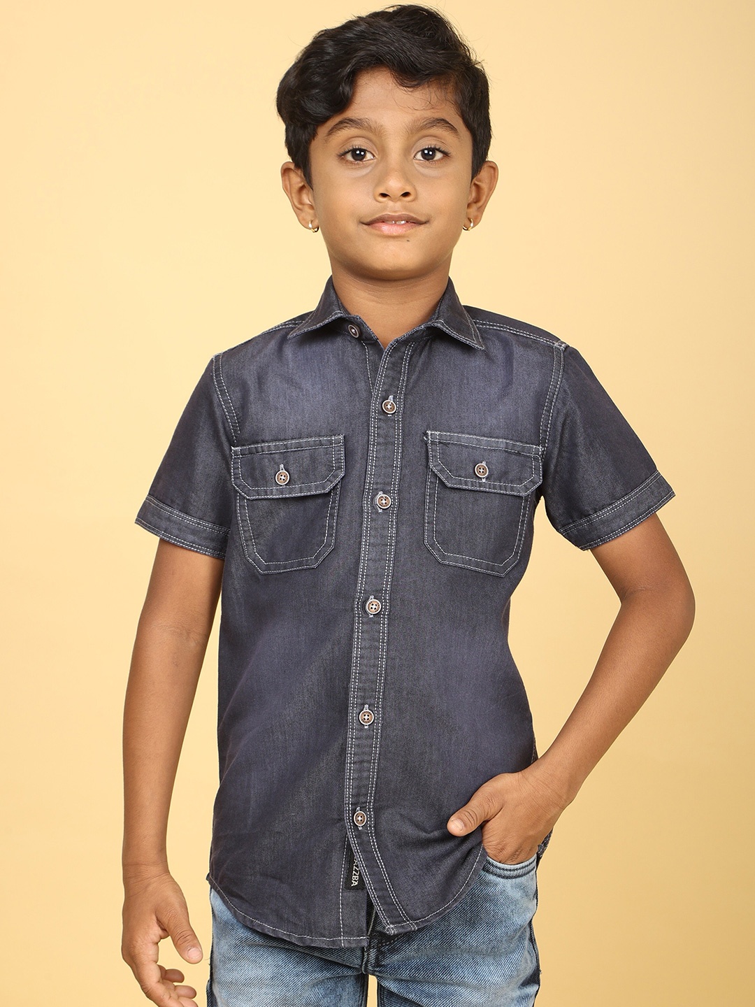 

CAZZBA Boys Spread Collar Washed Casual Denim Shirt, Grey