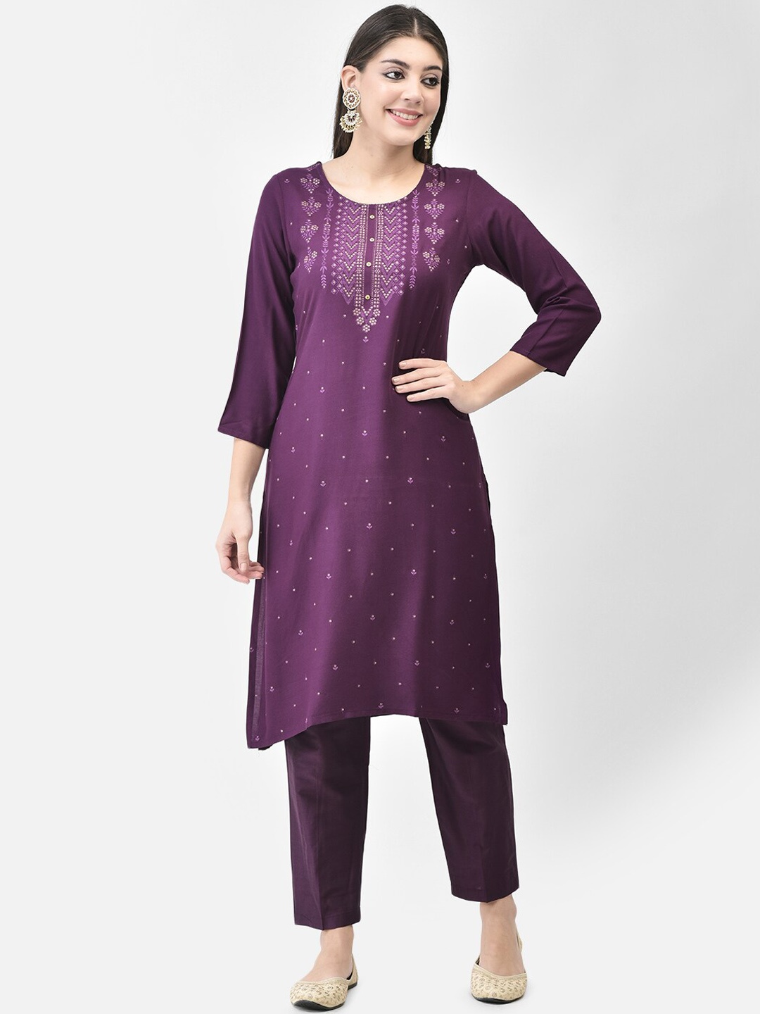 

Span Ethnic Motifs Printed Straight Kurta With Trouser, Purple