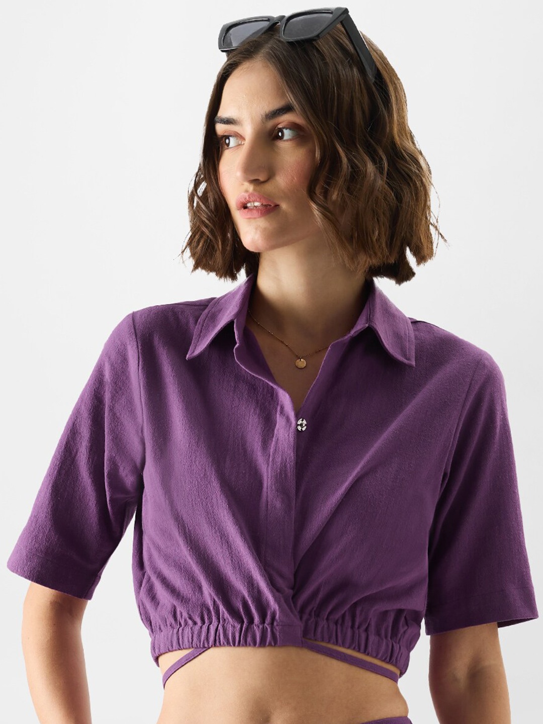 

The Souled Store Spread Collar Casual Crop Pure Cotton Shirt, Purple