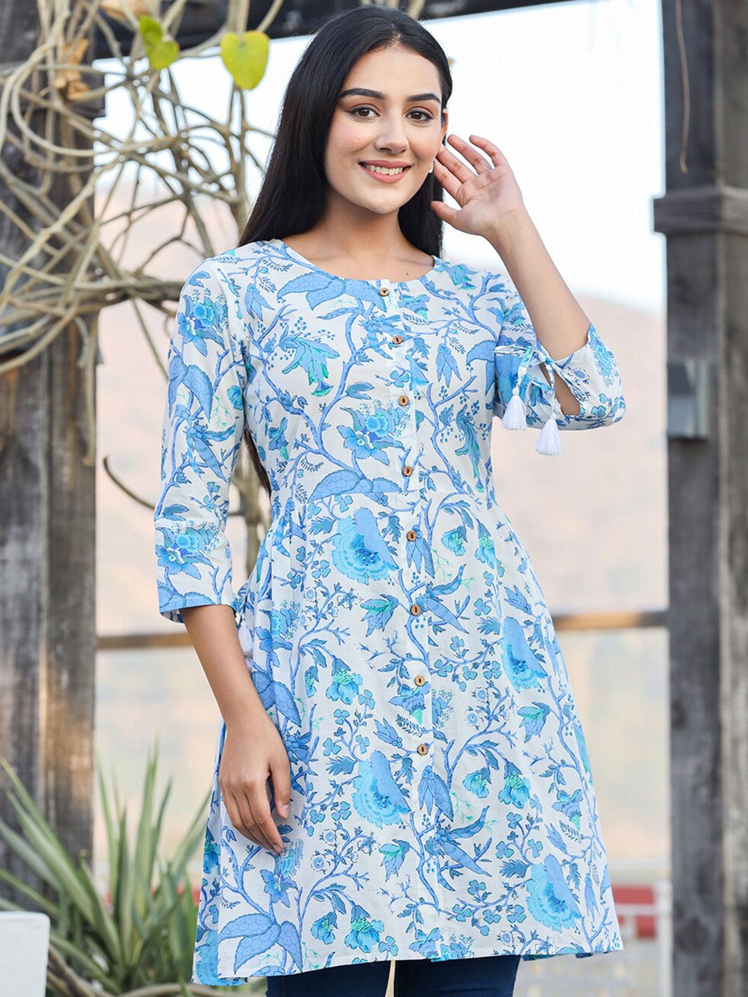 

KAAJH Floral Printed Pure Cotton A-Line Top, Blue