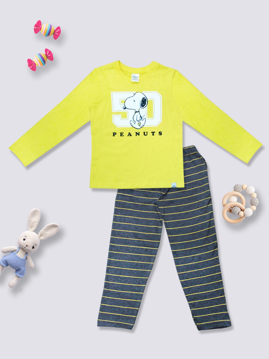 

Moms Love Infant Boys Peanuts Printed Cotton T-shirt with Trousers, Yellow