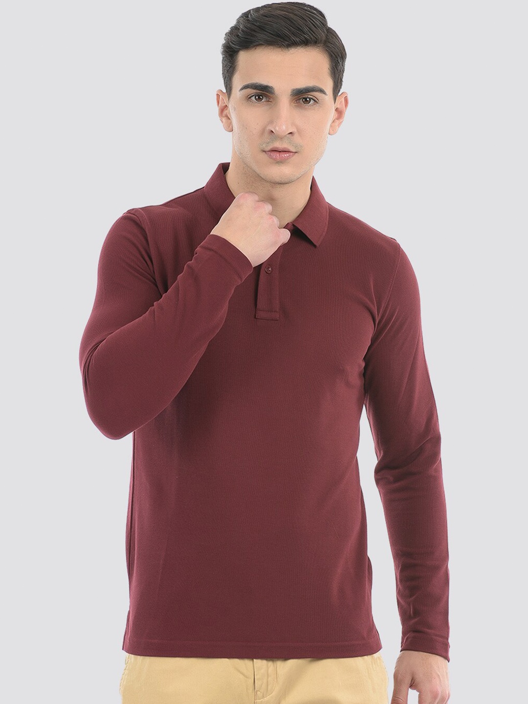 

ONEWAY Men Cotton Full Sleeves Polo T-Shirt, Maroon