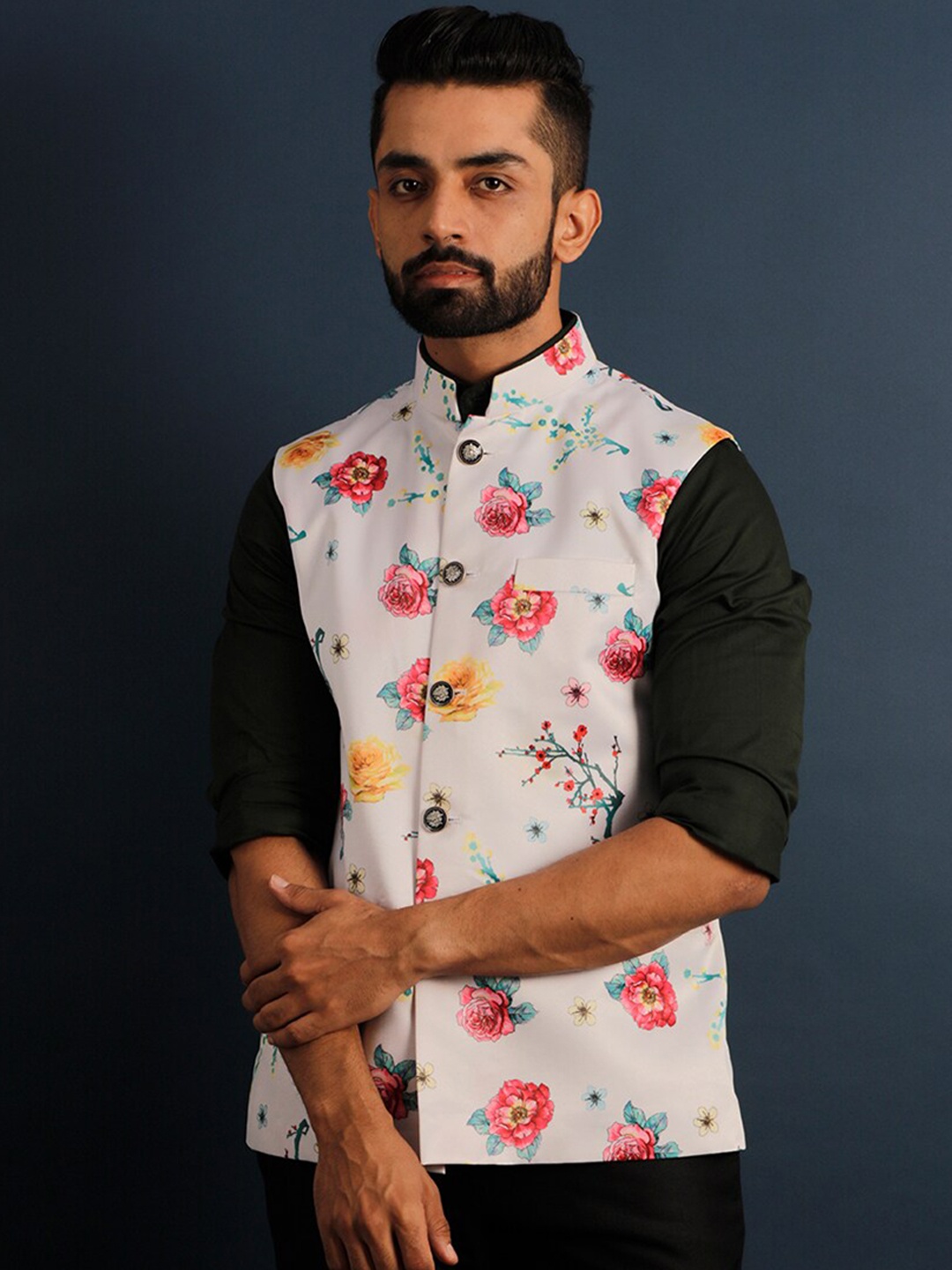 

Lightpole Printed Mandarin Collar Nehru Jacket, White