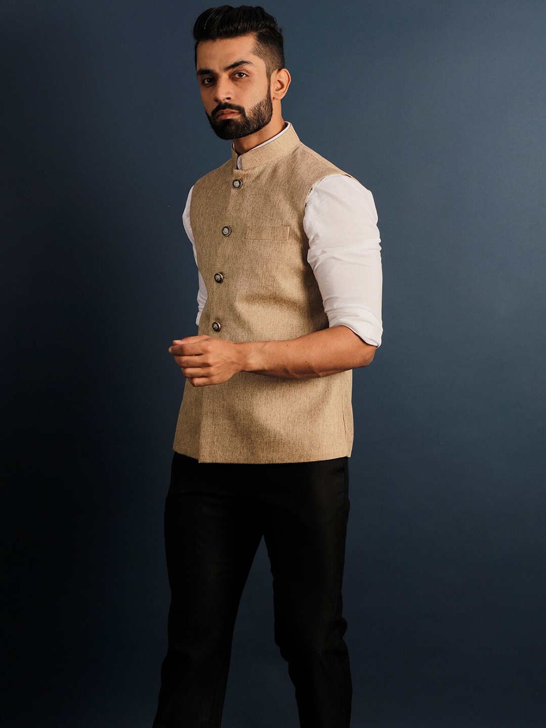 

Lightpole Printed Mandarin Collar Nehru Jacket, Beige