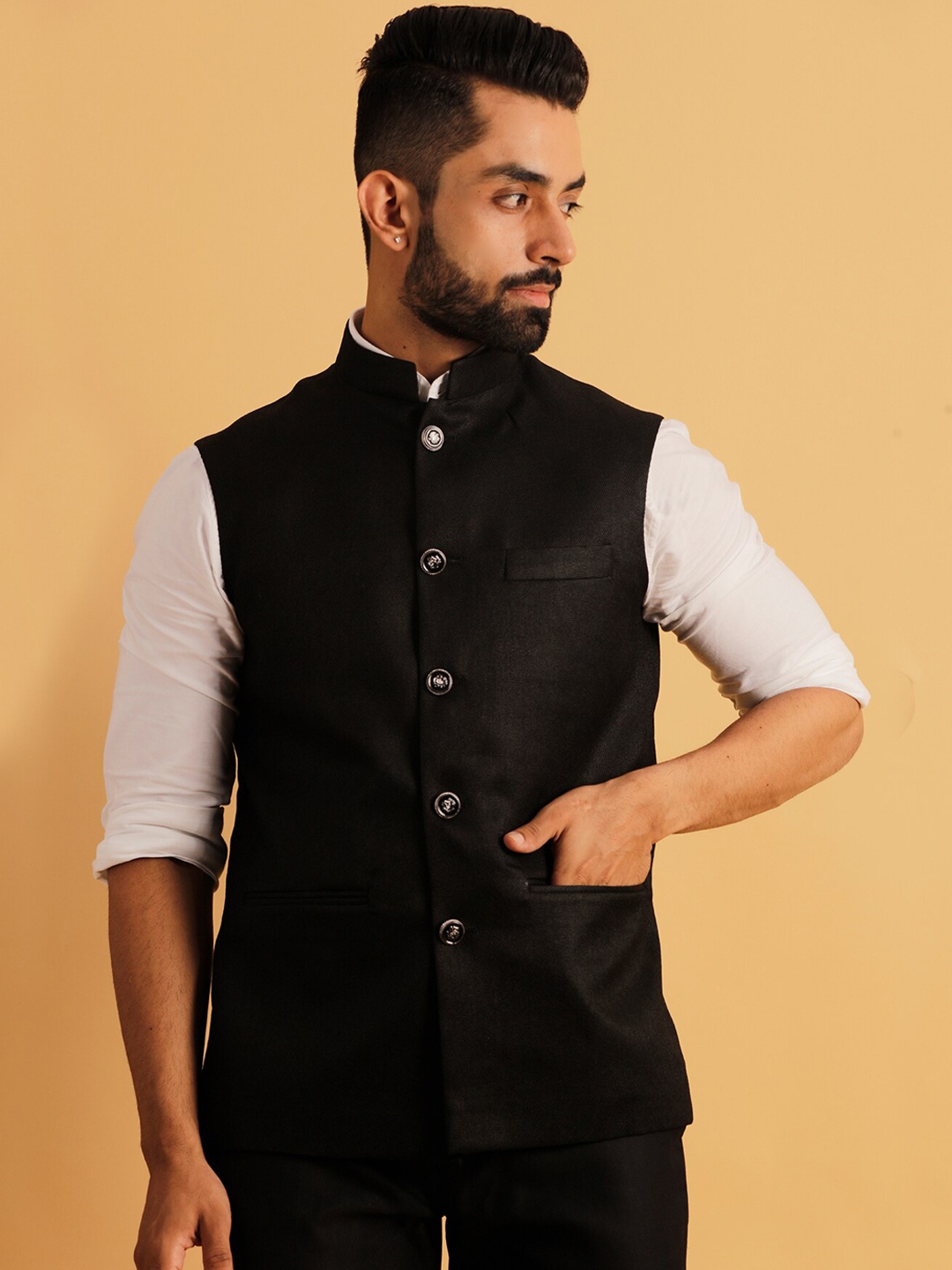 

Lightpole Mandarin Collar Nehru Jacket, Black