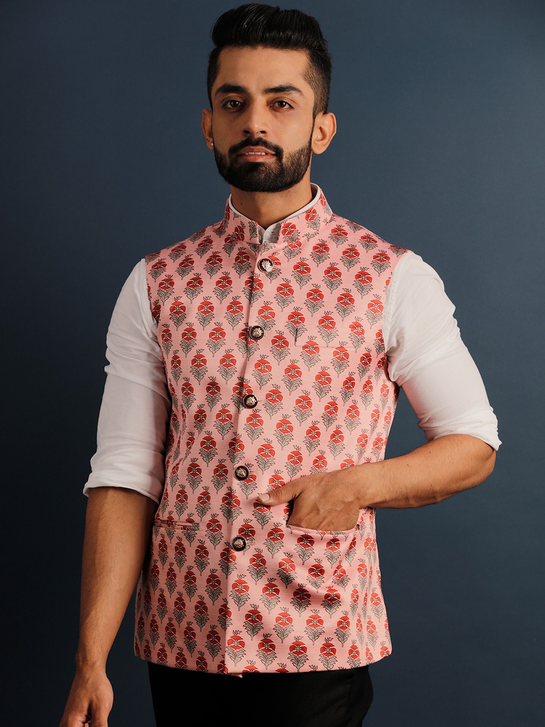 

Lightpole Printed Mandarin Collar Nehru Jacket, Pink
