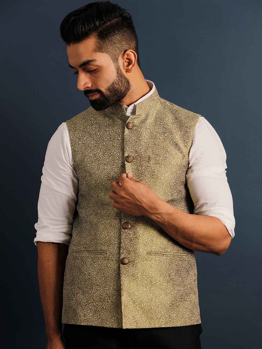 

Lightpole Printed Mandarin Collar Nehru Jacket, Green