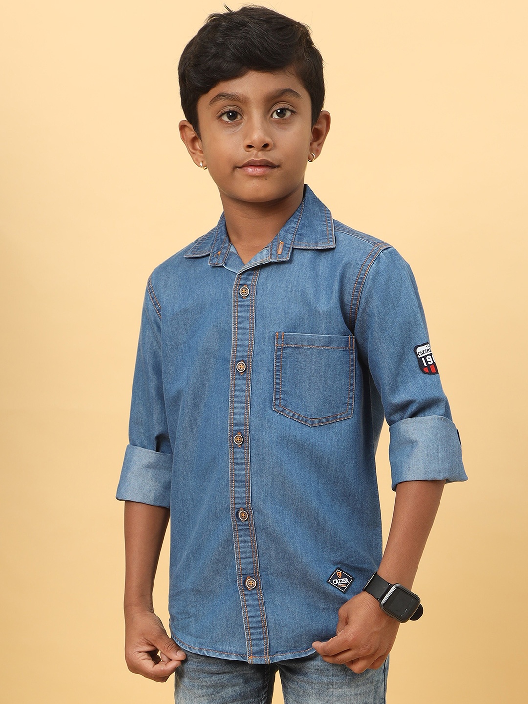 

CAZZBA Boys Spread Collar Washed Casual Denim Shirt, Blue