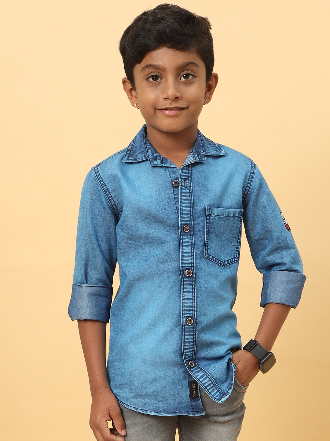 

CAZZBA Boys Spread Collar Washed Casual Denim Shirt, Blue