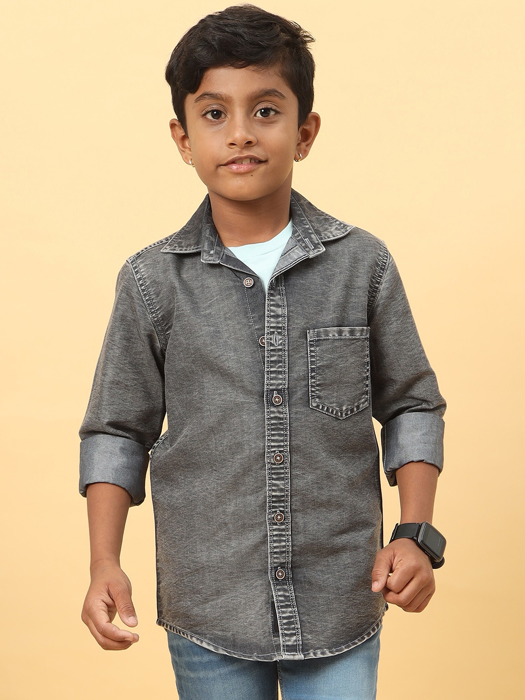 

CAZZBA Boys Spread Collar Washed Casual Denim Shirt, Grey