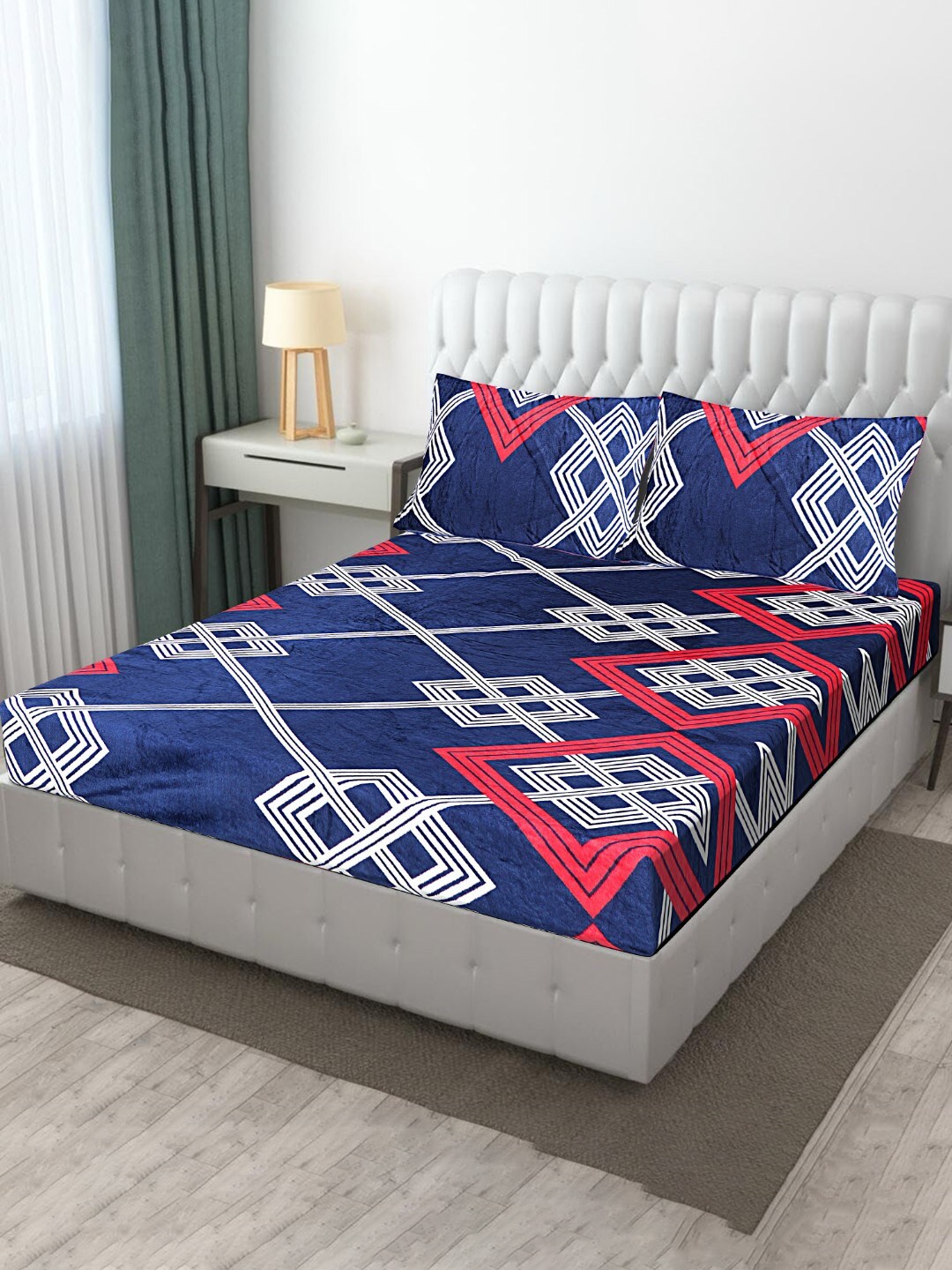 

INDHOME LIFE Multicoloured 220 TC Fitted King Bedsheet with 2 Pillow Covers, Navy blue