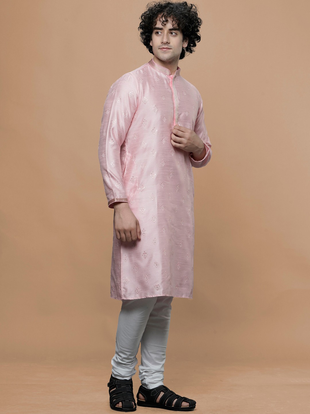 

MAAHI FABS Geometric Woven Design Sequinned Straight Kurta, Pink